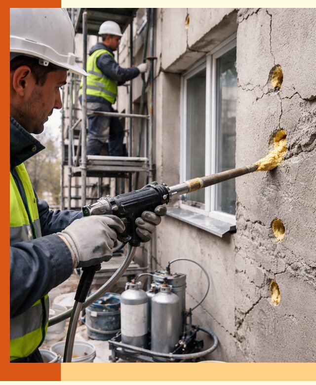 Заполнение пустот в фасаде и утепление стен в Новотроицке